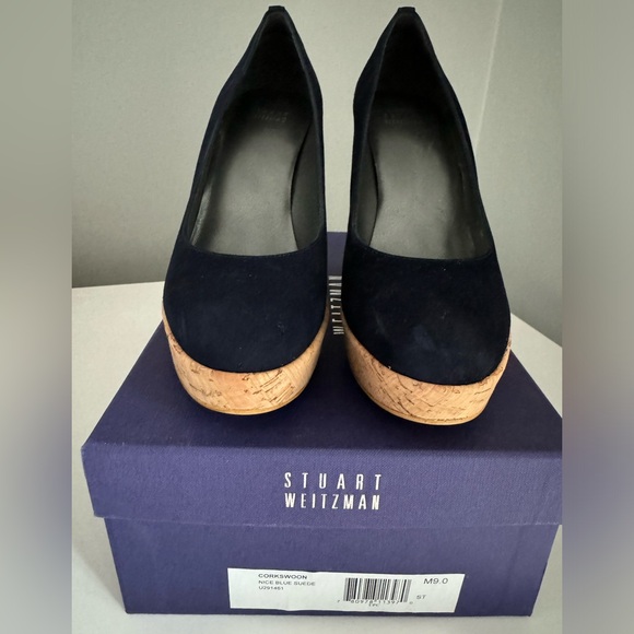 NEVER WORN Size 9 Stuart Weitzman Corkswoon Wedge in Navy Suede - Picture 3 of 4